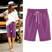 Njoeus Women's Summer Plus Size Shorts, Womens Knee Length Drawstring Pockets Casual Cotton Linen Short Pants Bermuda Shorts for Women S-5XL